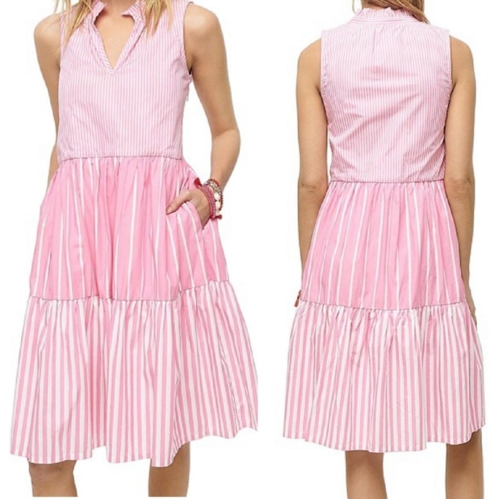 J. Crew Pink Mixed Striped Sleeveless Tiered Popover Dress NWT Size Medium